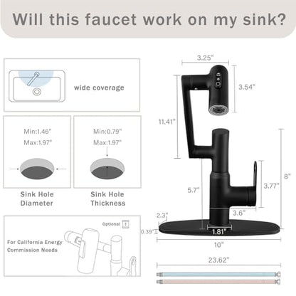 Bathroom Faucet, Rotatable Faucets with Temperature Display in Celsius (Batteries-Free), 3 Water Outlet Modes Single Hole Faucet with Sink Plate for Bathroom Sink (Matte Black) - color: Matte Black