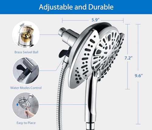 2 in 1 Shower Head with Handheld Combo High Pressure Silver 2.5 GPM | 7.2" Rain Showerhead and 9 Spray Hand Held Shower, Adjustable Shower Angle, 59-inch Rotatable Stainless Steel Hose - color: Silver, size: 2.5 GPM