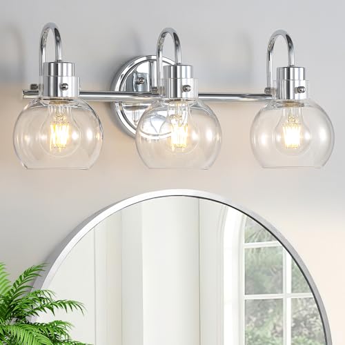 3 Light Vanity Wall Lighting Bathroom Light Fixture for Mirror | Polished Chrome Light with Clear Globe Glass Shade Bath Wall Mount Lamp with Bend Pipe for Porch Living Room Bedroom Hallway - color: Polished Chrome