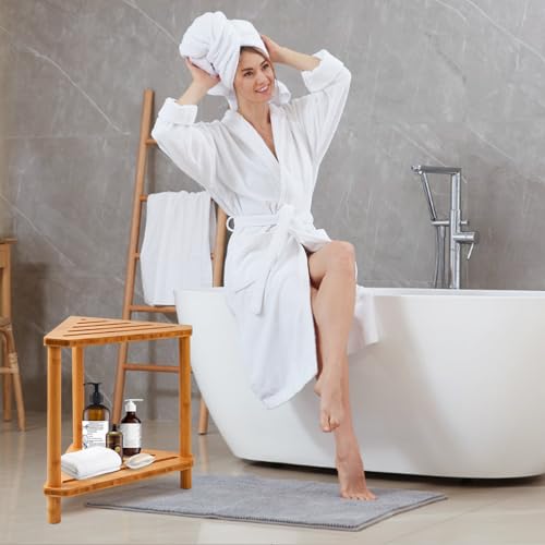 Corner Shower Stool for Inside Shower 2-Tier,Bamboo Shower Bench | Shower Caddy For Foot Rest with Storage,Bathroom Stool For Shaving Leg,Space Saving,Waterproof,Durable, Easy To Assemble - style: GU-QZST