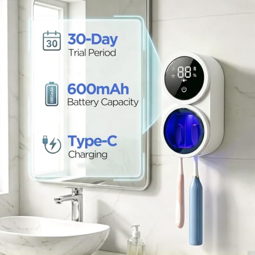 UV Toothbrush Sanitizer Holder 600mAh，Fast Charge&Auto-Inductive | portable design with usb-c fast charging, suitable for home & travel. ideal for couples, families, bathrooms, rvs and dorms.