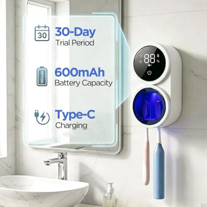 UV Toothbrush Sanitizer Holder 600mAh，Fast Charge&Auto-Inductive | portable design with usb-c fast charging, suitable for home & travel. ideal for couples, families, bathrooms, rvs and dorms.