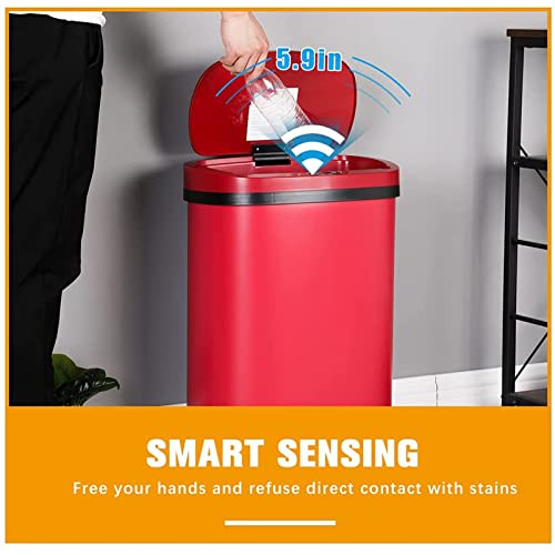 Kitchen Trash Waste Bin 13 Gallon 50 Liter High Capacity Brushed Stainless Steel Garbage Can Touch Free Automatic Trash Can with Lid for Home Office Red - color: Red