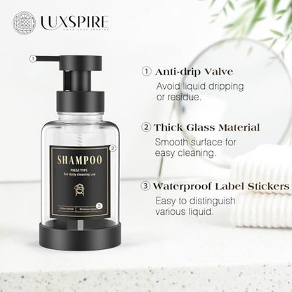 Luxspire Glass Foaming Soap Dispenser 15oz Hand Soap Bottle, Clear, 2 Pack | Anti-drip pump, wide mouth easy refill, non-slip silicone base, 7 waterproof labels, bathroom and kitchen sink use - color: Clear
