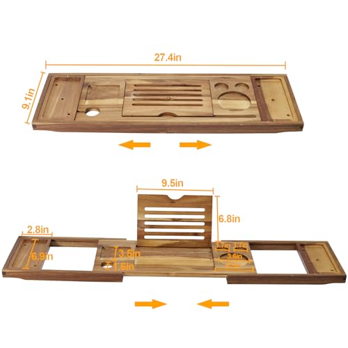 Expandable Wooden Tray Bathtub Tray, Bathroom Tray with Reading Rack & Wine Cup Slot.