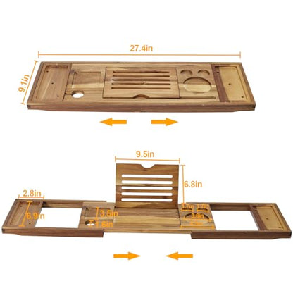 Expandable Wooden Tray Bathtub Tray, Bathroom Tray with Reading Rack & Wine Cup Slot.