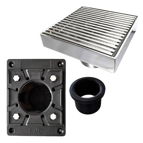 304 Stainless Steel 4 Inch Square Polished Chrome Shower Drain Kit with Base Linear Wedge for Tile Floor Drain Grate Cover Hair Catcher Trap (Polished Stainless Steel, Square PVC Plastic) - color: Polished Stainless Steel