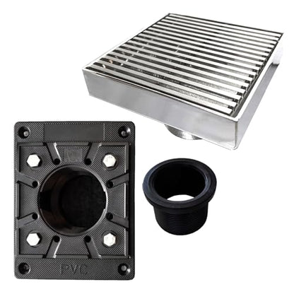 304 Stainless Steel 4 Inch Square Polished Chrome Shower Drain Kit with Base Linear Wedge for Tile Floor Drain Grate Cover Hair Catcher Trap (Polished Stainless Steel, Square PVC Plastic) - color: Polished Stainless Steel