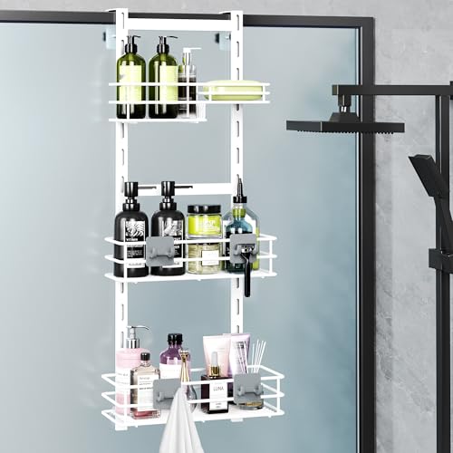 Orimade Over The Door Shower Caddy Adjustable 3 Tier White,Bathroom Hanging Organizer Shelf Rustproof with 4 Hooks,Shower Basket with Soap Holder and Suction Cup - color: White-3T