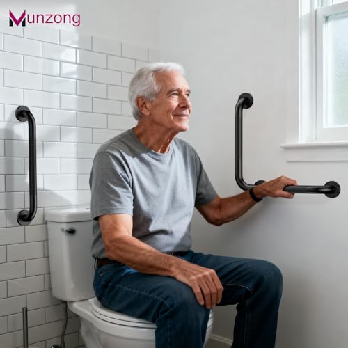 16x16 Inch Black Shower Grab Bars, L-Shaped Handicap Grab Rail | Anti Slip Bathroon Stainless Steel Knurled Safety Handle Support Elderly Injury Senior - color: Black