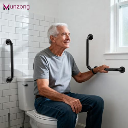 16x16 Inch Black Shower Grab Bars, L-Shaped Handicap Grab Rail | Anti Slip Bathroon Stainless Steel Knurled Safety Handle Support Elderly Injury Senior - color: Black