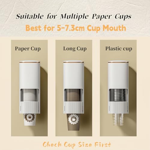 HAN SHENG Cup Dispenser, Holds 40 Cups, for 5-7.3cm Mouth Diameter Cups Only, Wall Mount Paper Cup Holder with Dust Cover for Bathroom, Kitchen, Office (White)