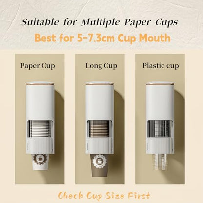 HAN SHENG Cup Dispenser, Holds 40 Cups, for 5-7.3cm Mouth Diameter Cups Only, Wall Mount Paper Cup Holder with Dust Cover for Bathroom, Kitchen, Office (White)