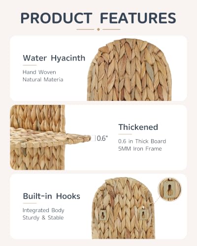 Coeusy Set of 2 Wicker Plant Wall Shelf, Boho Wall Decor, Wall Plant Holder | Water Hyacinth, Hand-Woven Wall Planter, Floating Shelves for Home, Bathroom, Bedroom, Living Room, Office, Corner, Natural