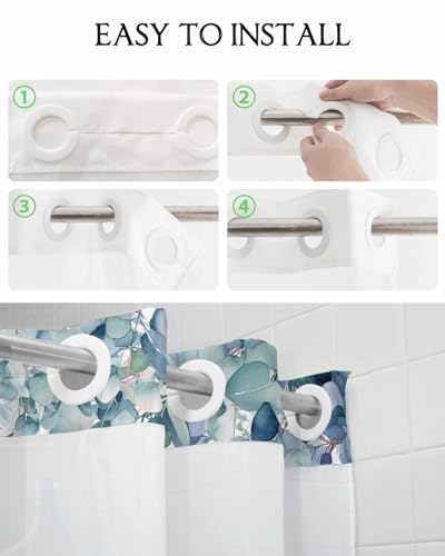 No Hook Shower Curtain and Snap in Liner Set, Blue Green Eucalyptus Fabric Bathroom Stall Shower Curtains 48x72, See Through Mesh Top Window, Spring Summer Botanical Floral Leaves Country Hotel Style - color: Blue Green, size: 48"W x 72"L (Pack of 1)