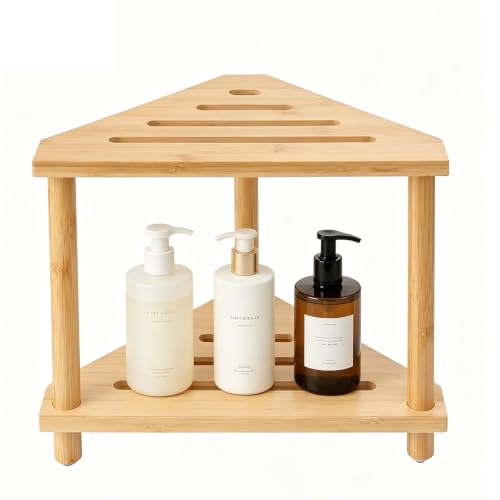 2-Tier Bamboo Corner Shower Caddy, Multifunctional Shower Stool Storage Shelf for Bathroom Kitchen Bedroom