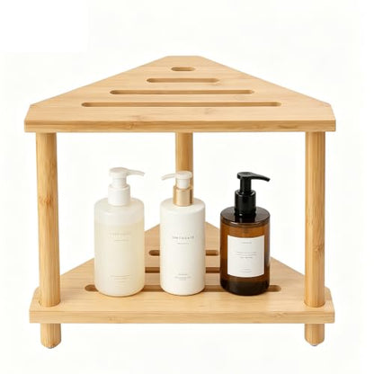 2-Tier Bamboo Corner Shower Caddy, Multifunctional Shower Stool Storage Shelf for Bathroom Kitchen Bedroom