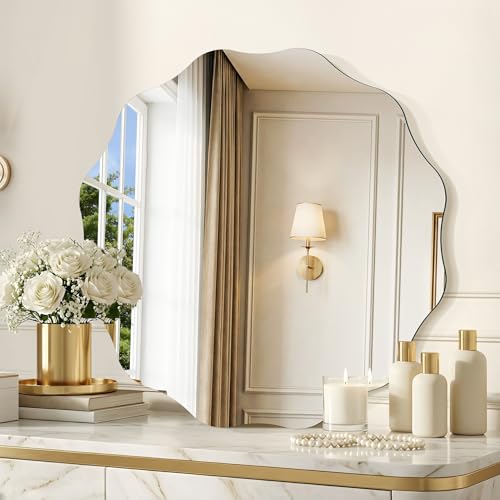 CILIBER Wavy Mirror for Wall, 24'' Scalloped Frameless Round Mirror, 3mm Tempered Glass Decorative Bathroom Vanity Mirror, Mounting/Leaning for Mantel, Living Room, Bedroom and Entryway - size: 24"L x 24"W