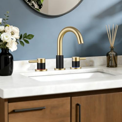 FGKQ 3-Hole 2-Handle Widespread Bathroom Sink Faucet, Black and Gold | Stainless steel, pop-up drain included, 360°swivel spout, for vanity sink 3-hole mount, 8-in widespread - color: 2-Brushed Gold & Black