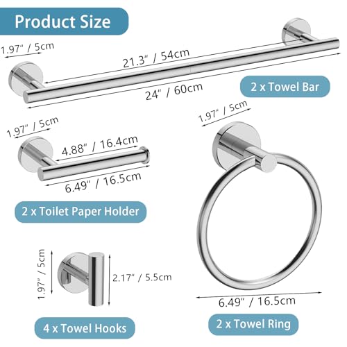 Newfun 10-Pieces Polished Chrome Bathroom Hardware Set 24 Inch | Includes 24 Inch Towel Racks for Bathroom Wall Mounted, Toilet Paper Holder, Towel Hooks, Towel Rings for Bathroom Wall - color: Polished Chrome-ring