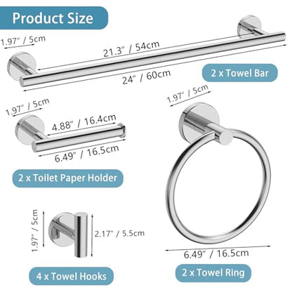 Newfun 10-Pieces Polished Chrome Bathroom Hardware Set 24 Inch | Includes 24 Inch Towel Racks for Bathroom Wall Mounted, Toilet Paper Holder, Towel Hooks, Towel Rings for Bathroom Wall - color: Polished Chrome-ring