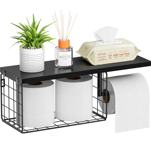 VITVITI Toilet Paper Holder with Shelf, Wall Mounted Storage Basket, Black | Farmhouse Wall Mount Toilet Paper Holder Shelves, Wood Metal Toilet Roll Wipes Holder for Bathroom - color: Black