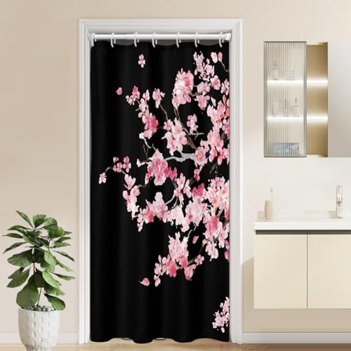 Stall Floral Shower Curtain, Japanese, 7 Hooks, 36" W x 72" L | Black Pink Sakura, Gothic Cherry Blossom Art, Romantic Nature Style, Cute Girly Aesthetic, Small Short Mini Bathroom Decor - color: Pink Black, size: 36"W x 72"L (Pack of 1)