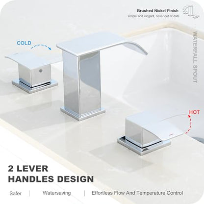 GAGALIFE 8 Inch Waterfall Bathroom Faucets for Sink 3 Hole - Chrome Bathroom Faucet with Pop-up Drain, Widespread Bathroom Sink Faucet 2-Handles, Patent No. : US D967,340 S - color: Chrome, style: With Drain