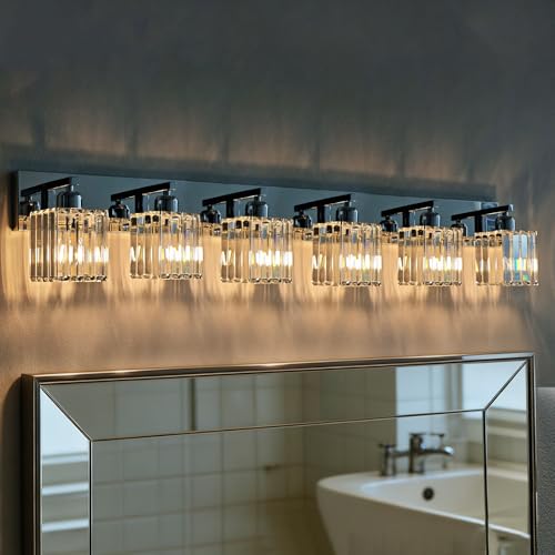 Brushed Chrome Crystal Bathroom Vanity Light, 6-Light Modern Bathroom Lighting Fixtures Over Mirror,Chrome Wall Sconce Light Fixtures with Square Shade - color: Chrome-Square Shade, size: 6-LIGHT