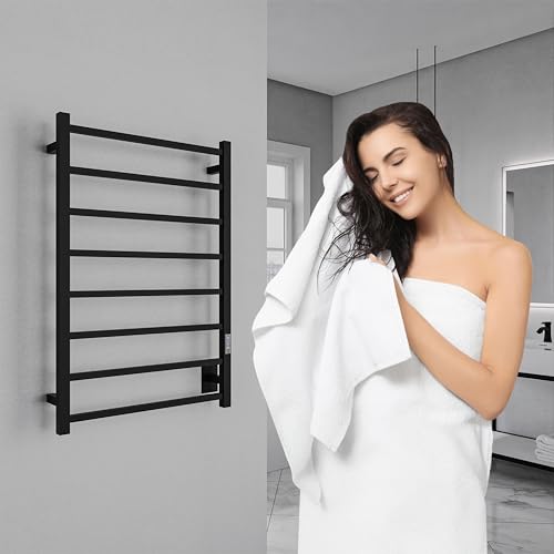 ANZZI Bell 8-Bar Wall Mounted Towel Warmer in Matte Black, Energy Efficient 80W Electric Plug in Heated Towel Rack for Bathroom, Steel Towel Heater Rail On/Off Switch Drying Rack, TW-AZ026MBK - color: Black