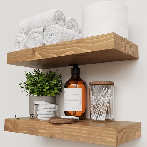 Natural Wood Floating Shelves for Wall 16 Inch Oak, Wooden Bathroom Shelf | Solid Wood, Wall Mounted, Kitchen Bedroom Living Room, Rustic Farmhouse, Natural Oak Finish, 16W × 6.7D, Set of 2 - color: Gold Oak, size: 16 Inch