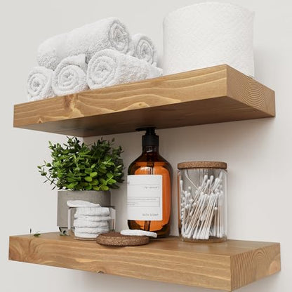 Natural Wood Floating Shelves for Wall 16 Inch Oak, Wooden Bathroom Shelf | Solid Wood, Wall Mounted, Kitchen Bedroom Living Room, Rustic Farmhouse, Natural Oak Finish, 16W × 6.7D, Set of 2 - color: Gold Oak, size: 16 Inch