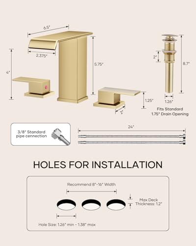 AVSIILE Waterfall Bathroom Faucet 3 Hole, Brushed Gold 8 Inch Widespread Modern 3 Piece Bathroom Sink Faucets & Parts, Touch On Lavatory Faucet for Bathroom Vanity - color: Brushed Gold, style: Straight Spout