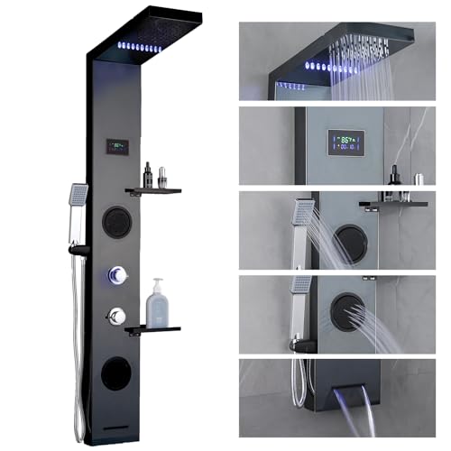 LED Black Shower Panels Tower System with Storage Shelf, LCD Temperature Display 304 Stainless Steel with Rainfall Shower Head with Handheld Massage Body Jets Bathroom Matte Waterfall Bathtub - color: Matte Black