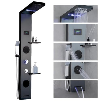 LED Black Shower Panels Tower System with Storage Shelf, LCD Temperature Display 304 Stainless Steel with Rainfall Shower Head with Handheld Massage Body Jets Bathroom Matte Waterfall Bathtub - color: Matte Black