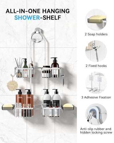 Adjustable Shower Caddy Hanging - Never Rust Shower Organizer Hanging, Aluminum Shower Racks for Inside Shower - Bathroom Organizers and Storage with 2 Soap Holders and 2 Removable Hooks, Silver
