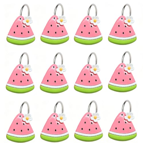 Watermelon Shower Curtain Hooks 12 Pack Resin Cute Bathroom Hooks | Cute watermelon design resin shower curtain hooks, 12 pack, durable, smooth finish, adds fun bathroom decor style - color: Pink