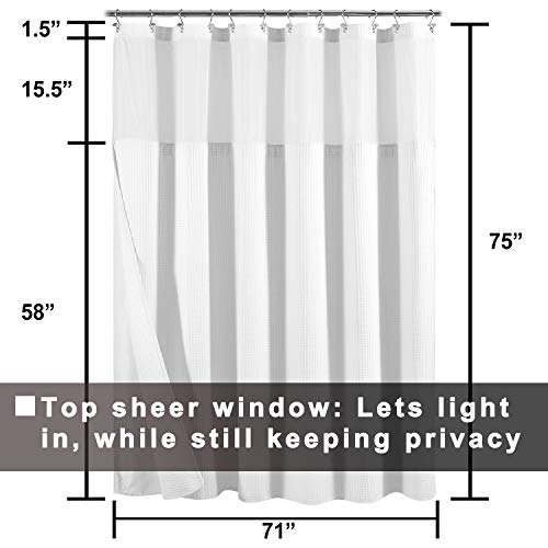 Barossa Design Cotton Shower Curtain with Snap-in Liner White, 71x75 Long | Cotton Blend, Honeycomb Waffle Weave, Fabric Snap on/off Liner, Hotel Style, Water Repellent, Mesh Window, Machine Washable - color: White, size: 71"W x 75"L (Pack of 1)