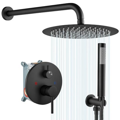 gotonovo Shower Faucet Set with Rough-in Valve Trim Kit,Matte Black | 10 Inch Round Rain Showerhead with Handheld Spray,Bathroom Wall Mount Shower System Complete Combo,2-in-1 Diverter,All Metal - color: Black