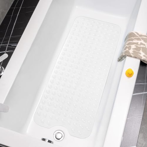 Wirhao Bathtub Mat Non Slip Shower Mat 39×16 Inches Bath Mat for Tub Machine Washable Tub Mat Large for Bathroom with Suction Cups and Drain Holes Clear - color: Clear