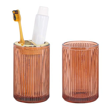 Glass Toothbrush Holder, Clear Bathroom Toothbrush Holder Set, 12oz Bathroom Tumbler Cup, Bathroom Storage Cup Organizer for Tooth Brush, Toothpaste and Makeup Brush - color: Brown Gold