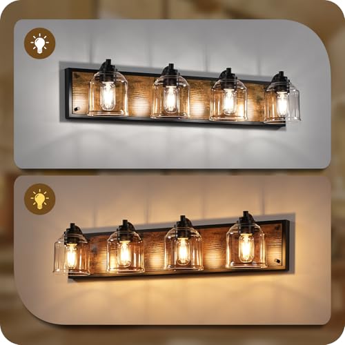 4-Light Bathroom Fixture, 31.5" Large Farmhouse Vanity Light, E26 Base (Bulbs Not Included), Thickened Glass Shade, for Bathroom, Bedroom, Vanity, Hallway, Rustic Brown and Black F18BD05 - size: 4-Light