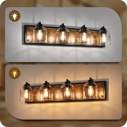 4-Light Bathroom Fixture, 31.5" Large Farmhouse Vanity Light, E26 Base (Bulbs Not Included), Thickened Glass Shade, for Bathroom, Bedroom, Vanity, Hallway, Rustic Brown and Black F18BD05 - size: 4-Light