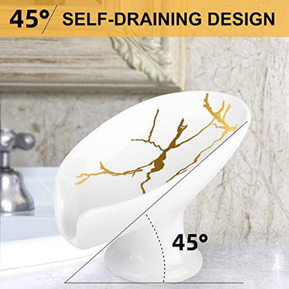Soap Dish for Shower Ceramic Soap Holder Self Draining Leaf Shape Bar Soap Tray, Marble Pattern White Drain Soap Dish Holder for Bathroom,Easy Cleaning Keep Soap Dry - color: White