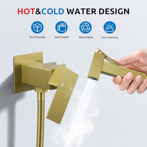 Arofa Built-in Hot and Cold Bidet Sprayer, Hands-Free Control, Brushed Gold | Wall-Mounted Design, Dual Control Modes, Leak-Free Hose, Feminine/Baby/Pet Wash, Cloth Clean & Rinse, Stainless Steel, Square - color: Gold, size: Built-in Hot & Cold Water Mode