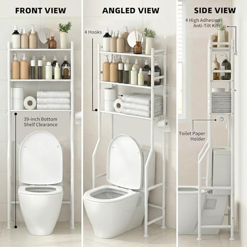 GloTika 3-Tier Over Toilet Storage, Anti-Tilt, 64" H, White | Anti-Tilt Safety System, 150lb Capacity, Carbon Steel, Freestanding, No Drilling, Anti-Rust Coating, Paper Holder & 4 Hooks - color: White, size: 3-Tier