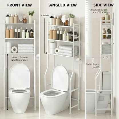 GloTika 3-Tier Over Toilet Storage, Anti-Tilt, 64" H, White | Anti-Tilt Safety System, 150lb Capacity, Carbon Steel, Freestanding, No Drilling, Anti-Rust Coating, Paper Holder & 4 Hooks - color: White, size: 3-Tier