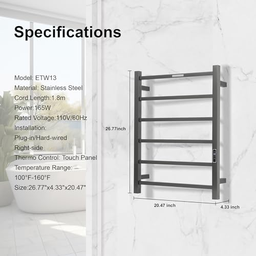 Electric Heated Towel Warmer - Wall Mounted Bathroom Towel Rack, Plug-in Design & Brushed Stainless Steel 6 Bar Gunmetal with Timer & Temperature Control - color: Square Gunmetal With Timer, size: 6 Bar