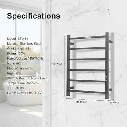 Electric Heated Towel Warmer - Wall Mounted Bathroom Towel Rack, Plug-in Design & Brushed Stainless Steel 6 Bar Gunmetal with Timer & Temperature Control - color: Square Gunmetal With Timer, size: 6 Bar