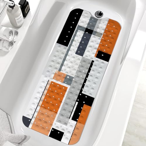 Orange Black Bath Tub Mat Non Slip, Modern Geometric Large Washable Shower Mats with Drain Holes and Suction Cups,40 X 16 Inch - color: Orange Black